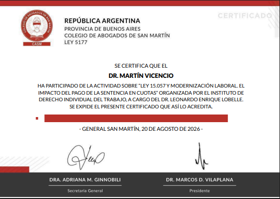 Certificado Ley 15.057 y Modernización Laboral, Colegio de Abogados de San Martín, 2026
